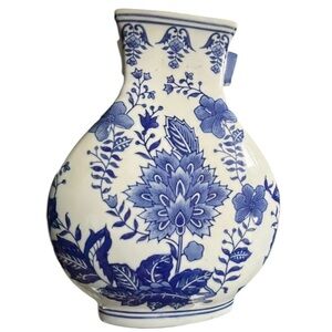 Chinoiserie large blue white ceramic vase traditional floral statement 12 x 9.5”